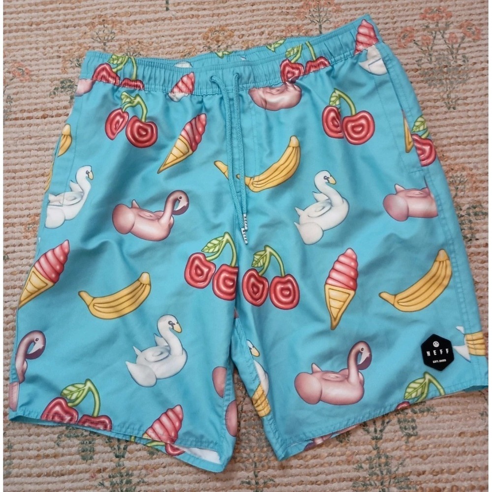 NEFF Pool Party Swim Trunks Large Flamingo Swan Cherry Banana Print